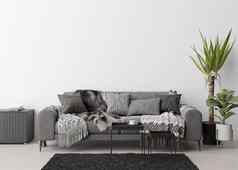 空白色墙现代生活房间模拟室内当代斯堪的那维亚风格免费的复制空间图片海报文本设计沙发表格植物呈现