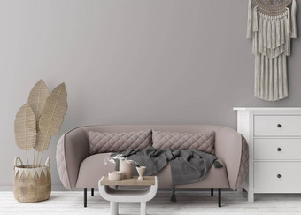 空灰色的墙现代生活房间模拟室内斯堪的那维亚放荡不羁的风格免费的复制空间图片文本设计沙发控制台流苏花边藤篮子呈现