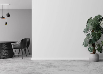 空房间混凝土地板上光灰色的墙表格椅子monstera植物模拟室内免费的复制空间家具图片装饰对象呈现