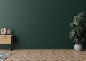 房间木条镶花之地板地板上黑暗绿色墙空空间餐具柜monstera植物模拟室内免费的复制空间<strong>家具图片</strong>装饰对象呈现