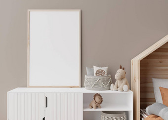 空垂直图片框架棕色（的）墙现代孩子房间模拟室内斯堪的那维亚风格免费的复制空间图片关闭视图舒适的房间孩子们呈现
