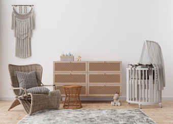 空白色墙现代孩子房间模拟室内斯堪的那维亚放荡不羁的风格复制空间图片海报控制台藤扶手椅玩具流苏花边舒适的房间婴儿呈现