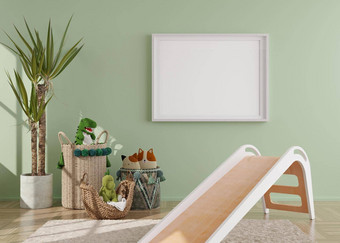 空水平图片框架绿色墙现代孩子房间模拟室内斯堪的那维亚风格免费的复制空间图片植物藤篮子舒适的房间孩子们呈现
