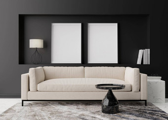 空垂直图片帧黑色的墙现代生活房间模拟室内当代风格免费的空间图片海报沙发表格地毯呈现