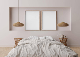 空垂直图片帧光灰色的墙现代卧室模拟室内斯堪的那维亚放荡不羁的风格免费的空间图片海报床上藤灯呈现