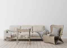 空白色墙现代生活房间模拟室内斯堪的那维亚放荡不羁的风格免费的复制空间图片文本设计沙发藤扶手椅流苏花边呈现