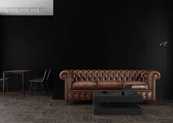 空黑色的墙现代生活房间模拟室内当代风格免费的空间复制空间图片文本设计棕色（的）皮革<strong>沙发</strong>木条镶花之地板地板上呈现