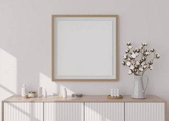 空广场图片框架白色墙现代生活房间模拟室内极简主义斯堪的那维亚风格免费的复制空间图片控制台棉花植物花瓶呈现