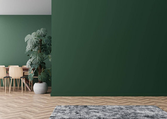 房间木条镶花之地板地板上黑暗绿色墙空空间表格椅子monstera植物模拟室内免费的复制空间<strong>家具图片</strong>装饰对象呈现