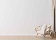 房间木条镶花之地板地板上白色墙空空间藤扶手椅篮子模拟室内免费的复制空间家具图片装饰对象呈现
