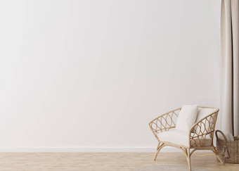 房间木条镶花之地板地板上白色墙空空间藤扶手椅篮子模拟室内免费的复制空间<strong>家具图片</strong>装饰对象呈现