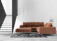 空白色墙现代生活房间模拟室内当代阁楼风格免费的复制空间图片文本设计沙发灯地毯楼梯呈现