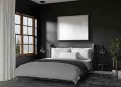 空图片框架黑色的墙现代卧室模拟室内当代风格免费的复制空间图片海报床上植物呈现