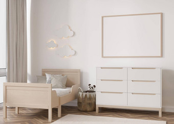 空水平图片框架白色墙现代孩子房间模拟室内斯堪的那维亚风格免费的复制空间图片床上藤篮子玩具舒适的房间孩子们呈现