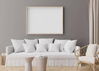 空水平图片框架灰色墙现代生活房间模拟室内斯堪的那维亚放荡不羁的风格免费的复制空间图片海报藤扶手椅沙发呈现