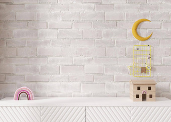 空白色砖墙模拟孩子们房间室内当代风格关闭视图免费的复制空间图片小对象餐具柜玩具呈现孩子房间模型