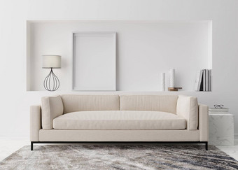 空垂直图片框架白色墙现代生活房间模拟室内极简主义当代风格免费的复制空间图片沙发地毯呈现