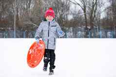 孩子冬天男孩滑雪橇