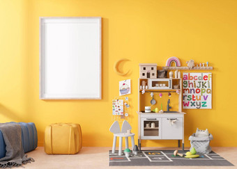 空垂直<strong>图片</strong>框架黄色的墙现代孩子<strong>房间</strong>模拟室内斯堪的那维亚风格免费的复制空间<strong>图片</strong>玩厨房玩具舒适的<strong>房间</strong>孩子们呈现