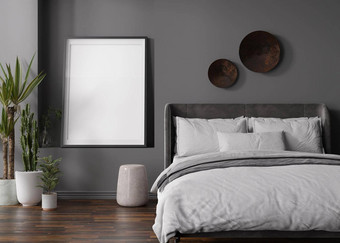 空垂直图片框架灰色墙现代卧室模拟室内当代风格免费的复制空间图片床上植物呈现