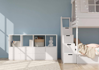 空光蓝色的墙现代孩子房间模拟室内斯堪的那维亚风格复制空间图片海报床上餐具柜玩具舒适的房间孩子们呈现