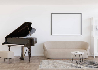 空黑色的图片框架白色墙现代生活房间模拟室内当代风格免费的复制空间图片海报沙发地毯计划呈现