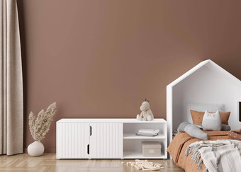 空棕色（的）墙现代孩子房间模拟室内斯堪的那维亚风格复制空间图片海报床上餐具柜彭巴斯草原草玩具舒适的房间孩子们呈现