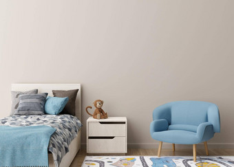 空奶油墙现代孩子房间模拟室内斯堪的那维亚风格复制空间<strong>图片海报</strong>床上扶手椅玩具舒适的房间孩子们呈现
