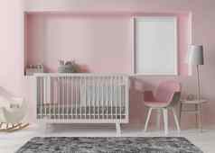 空垂直图片框架粉红色的墙现代孩子房间模拟室内斯堪的那维亚风格免费的复制空间图片海报床上玩具舒适的房间孩子们呈现