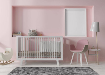 空垂直<strong>图片</strong>框架粉红色的墙现代孩子房间模拟室内斯堪的那维亚风格免费的复制空间<strong>图片海报</strong>床上玩具舒适的房间孩子们呈现