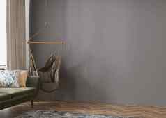 房间木条镶花之地板地板上灰色的墙空空间挂扶手椅沙发模拟室内免费的复制空间家具图片装饰对象呈现