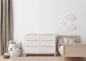 空白色墙现代孩子房间模拟室内斯堪的那维亚风格复制空间<strong>图片海报</strong>床上餐具柜玩具舒适的房间孩子们呈现