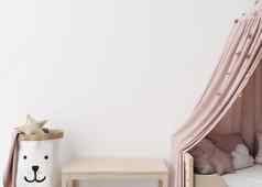 空白色墙现代孩子房间模拟室内斯堪的那维亚风格复制空间图片海报床上表格玩具关闭视图舒适的房间孩子们呈现