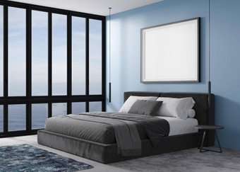 空<strong>图片</strong>框架蓝色的墙现代卧室模拟室内当代风格免费的复制空间<strong>图片海报</strong>床上灯全景窗口海视图呈现