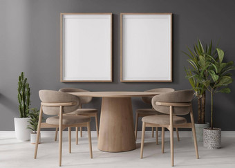 空垂直图片帧灰色的墙现代餐厅房间模拟室内当代斯堪的那维亚风格免费的空间图片海报木表格椅子植物呈现
