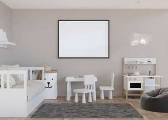 空水平图片框架光灰色的墙现代孩子房间模拟室内斯堪的那维亚风格免费的复制空间图片床上玩具舒适的房间孩子们呈现