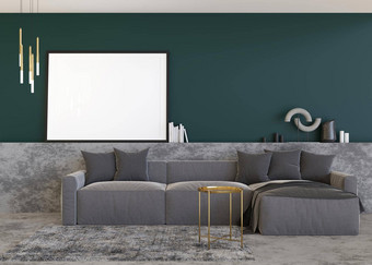空水平<strong>图片</strong>框架绿色墙现代生活房间模拟室内当代风格免费的复制空间<strong>图片海报</strong>沙发地毯灯呈现