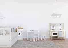 空白色墙现代孩子房间模拟室内斯堪的那维亚风格复制空间图片海报床上玩具舒适的房间孩子们呈现
