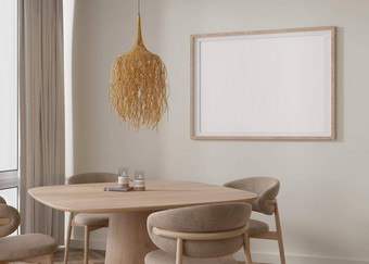 空水平图片框架米色墙现代生活房间模拟室内放荡不羁的风格免费的复制空间图片海报木表格椅子蜡烛呈现