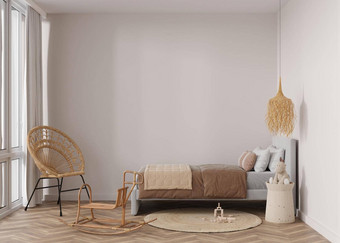空墙现代孩子房间模拟室内放荡不羁的风格免费的复制空间<strong>图片海报</strong>床上藤椅子地毯玩具舒适的房间孩子们呈现