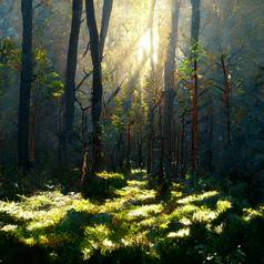 美丽的阳光明媚的早....魔法森林森林早....雾太阳树阴霾光发光的雾树
