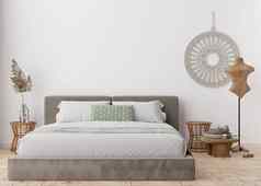 空白色墙现代卧室模拟室内斯堪的那维亚放荡不羁的风格免费的复制空间图片文本设计床上流苏花边彭巴斯草原草呈现