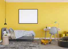 空水平图片框架黄色的墙现代孩子房间模拟室内当代斯堪的那维亚风格免费的复制空间图片床上表格玩具舒适的房间孩子们渲染