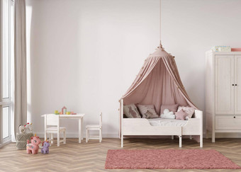空白色墙现代孩子房间模拟室内当代斯堪的那维亚风格复制空间图片海报床上表格玩具舒适的房间孩子们呈现