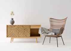 空白色墙现代生活房间模拟室内斯堪的那维亚放荡不羁的风格免费的空间复制空间图片文本设计木控制台藤扶手椅呈现