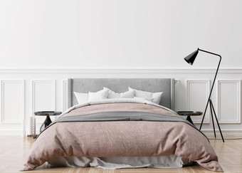 空白色墙现代舒适的卧室模拟室内经典风格免费的空间复制空间图片文本设计床上灯木条镶花之地板地板上呈现