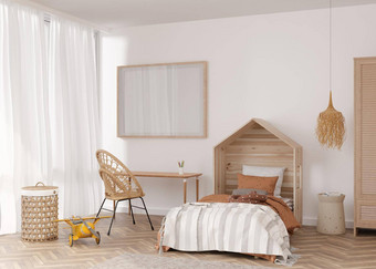 空水平图片框架白色墙现代孩子房间模拟室内放荡不羁的风格免费的复制空间图片床上藤椅子玩具舒适的房间孩子们呈现