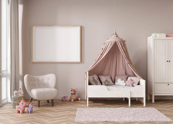 空水平图片框架米色墙现代孩子房间模拟室内当代斯堪的那维亚风格免费的复制空间图片床上玩具舒适的房间孩子们呈现