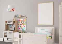 空垂直图片框架灰色的墙现代孩子房间模拟室内当代斯堪的那维亚风格免费的复制空间图片床上玩具舒适的房间孩子们呈现
