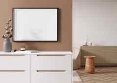 空黑色的水平图片框架棕色（的）墙现代生活房间模拟室内当代风格免费的复制空间图片海报餐具柜花瓶棉花植物渲染